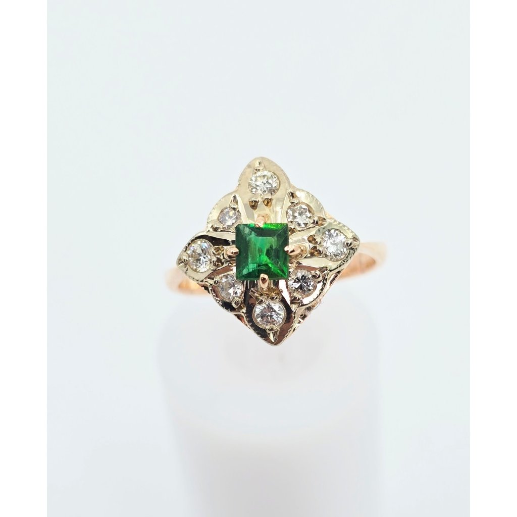 Unique 14k Two Tone Multi Color Gold Diamond  Green Crystal Ring  Size 550